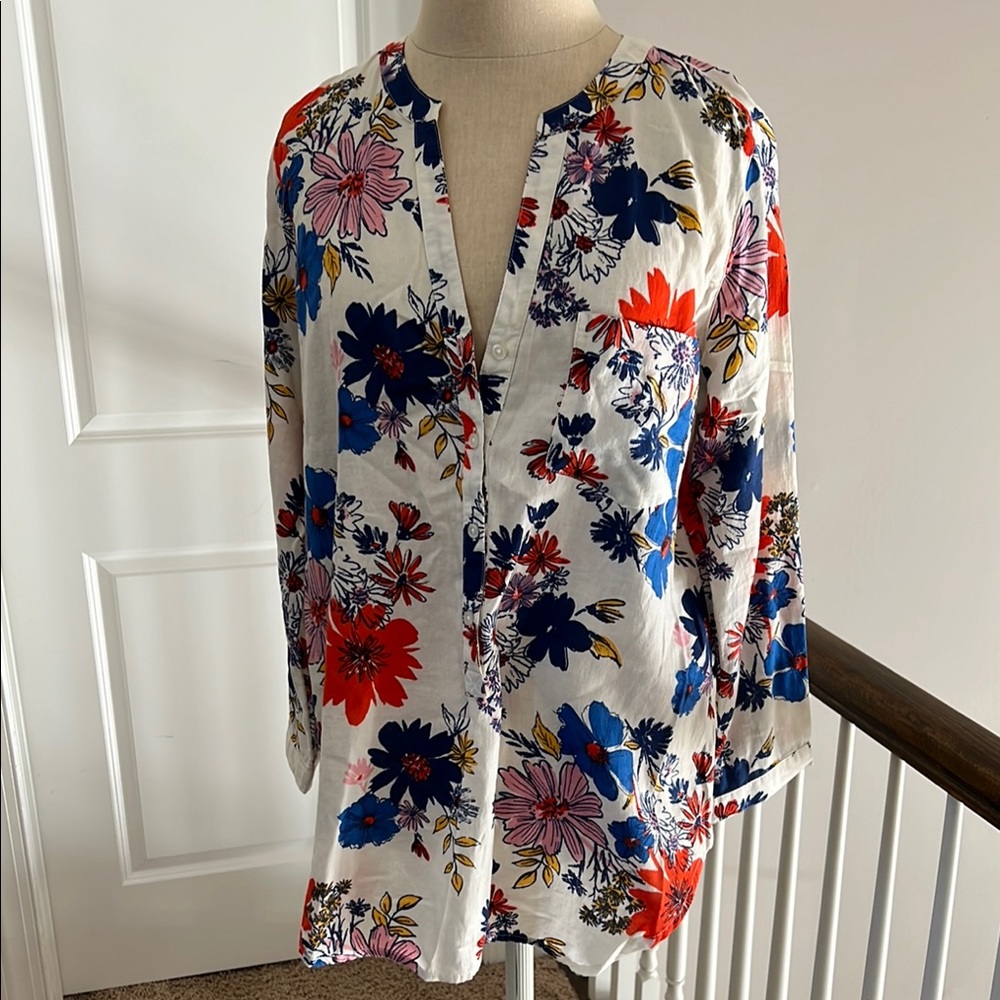 Old Navy Blue and Red Long Sleeve Blouse with Mandarin Collar